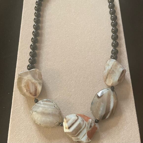 Beaded Onyx Polished Striated Agate Stones Necklace - Picture 1 of 2